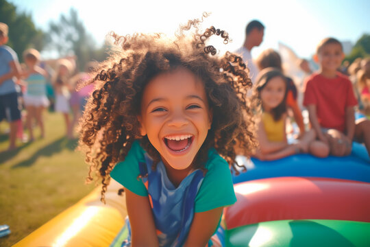 A young girl with curly hair is smiling and laughing while sitting on a bouncy castle. The scene is lively and fun, with other children around her, possibly playing or watching her