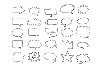  Speaking hand drawn doodle bubbles set. Talk clouds sketch frames. Speech thought Balloon shapes.