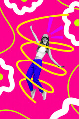 Trend artwork composite image photo collage of black white silhouette young attractive lady dance model posing vibrat bright background