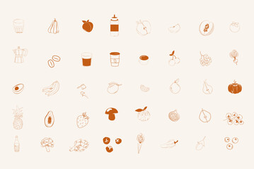 Collection of food and drinks icons. Minimalistic linear icon. Helthy food icon. Editable vector illustration.