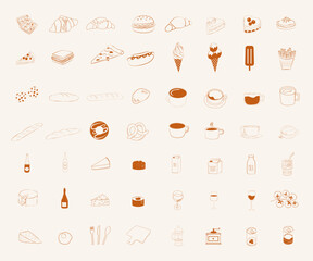 Collection of food and drinks icons. Minimalistic linear icon. Pastries and coffee icon. Fastfood and street food. Editable vector illustration.