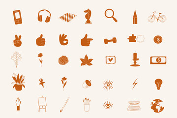 Collection of hobbies and leisure icons. Sport, art, business, finance, nature symbols. Editable vector illustration.