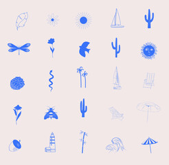 Collection of vacation icons. Nature, wave, palm, cactus, insects, yacht and sea vacation. Editable vector illustration.