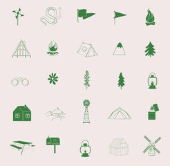 Collection of traveling icons. Camping, nature, vacation, outdoor icons. Editable vector illustration.