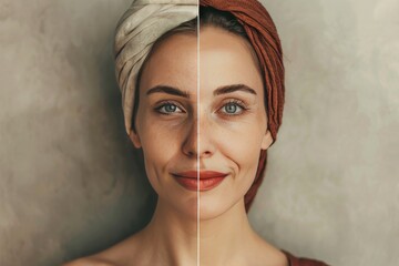 Anti aging cosmetics enhance care with a portrait of cosmetic hairstyle, bringing aging representation to vitality and skin divide.