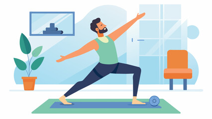 Fototapeta premium Following a video tutorial a man does a full body yoga flow in his home gym..
