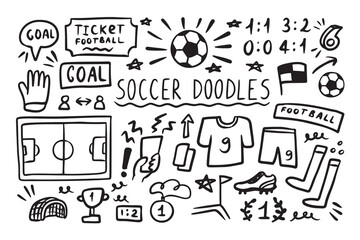 Soccer doodle elements set. Football sport ball, winner cup. Hand drawn sketch style.