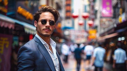 Fototapeta premium Portrait of handsome and smart businessman on crowd people background