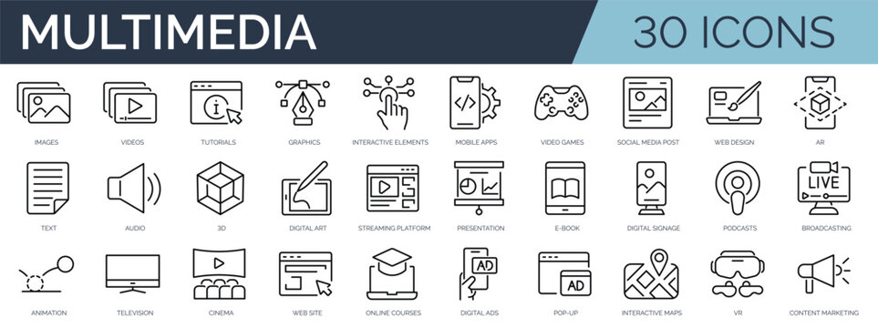 Set of 30 outline icons related to multimedia. Linear icon collection. Editable stroke. Vector illustration