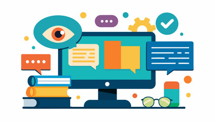 A specialized computer with assistive software such as texttospeech or screen magnification allowing a person with learning disabilities or vision. Vector illustration