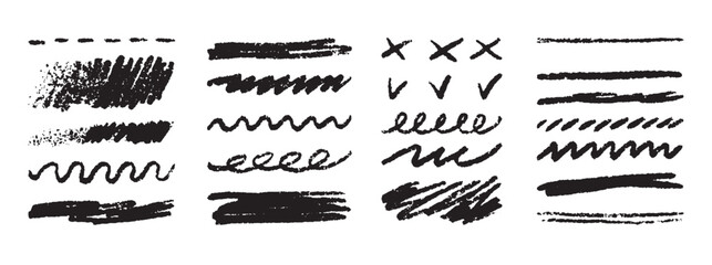 Grunge lines, hand drawn Rough strokes. Texture charcoal or pencil drawing. Crayon scribbles set. 