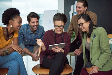 Business people, tablet and laughing with creative teamwork in office for funny meme, social media...