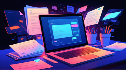 Illustration of digital files and laptop on neon background. Working with documents online, digitalization and data storage concept