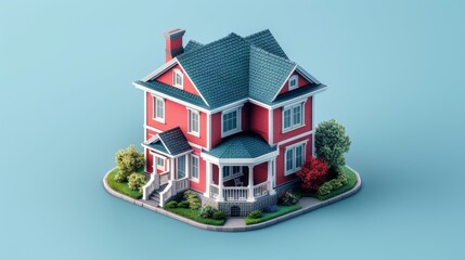Colonial Revival Home city 3D render Cute isometric floating illustration Banner for advertising Travel graphics animation