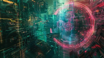 Neon Cybernetic Cityscape with Futuristic Interface
 - obrazy, fototapety, plakaty
