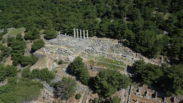 Ruins of Athena Temple in Destroyed Ancient City of Priene in Spring Day, Aydin - Turkey