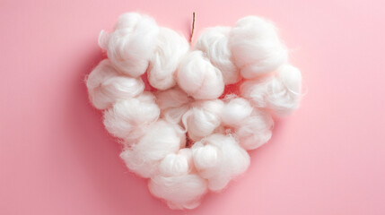 Heart made of soft cotton wool on pink background