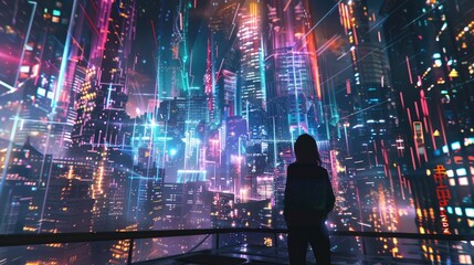 A person stands on a ledge looking out over a cityscape with neon lights