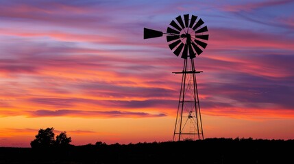 A windmill is silhouetted against a beautiful sunset