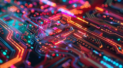 Intricate Circuit Board Design with Neon Lights
 - obrazy, fototapety, plakaty