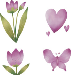 Hand drawn watercolor set of purple tulips. Purple tulips clipart. Purple tulips isolated element. purple tulips free vector.