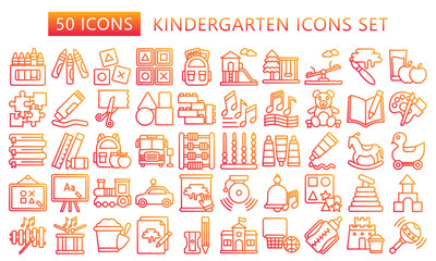 Kindergarten gradient outline icons set. contain game, pencil, puzzle, seesaw,  toy, ball, playground and more. best for UI or UX kit, web and app development. vector EPS 10.