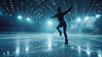 A woman is skating on a rink with lights shining on her