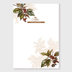 Coffee tree. Branch with leaves and berries. Border, frame, template for menu page, product label, cosmetic packaging. Vector illustration. In botanical style