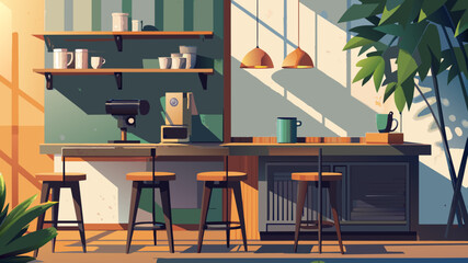Seat and wooden counter with coffee equipment on counter bar and wooden shelf on rough cement wall.