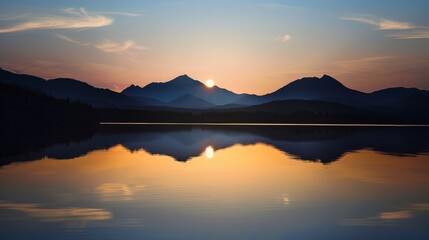 Fototapeta premium Mountain lake mirroring golden eclipse sunset sky