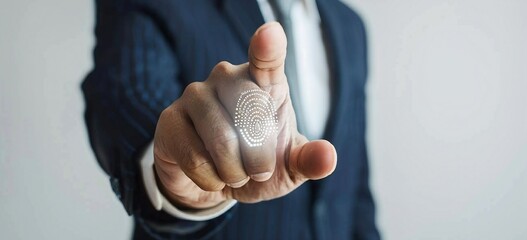 futuristic processing of biometric fingerprint scanner. concept of surveillance and security scanning of digital programs and fingerprint biometrics. cyber futuristic applications, future. - obrazy, fototapety, plakaty