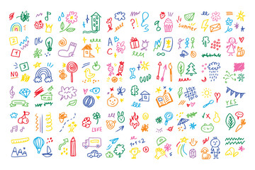 Doodle kids color set. Hand drawn simple decorative elements. Various icons, hearts, stars, lines
