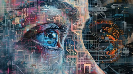 Cybernetic Eye with Integrated Circuit Overlay
 - obrazy, fototapety, plakaty