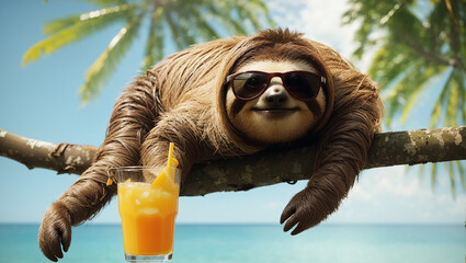 Fototapeta premium a sloth wearing sunglasses and a blue backpack, sitting on a wooden railing with a fruity orange drink next to it.