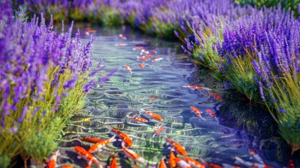 A vibrant lavender field bisected by a clear, shimmering stream full of brightly colored fish. 