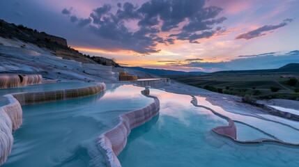 A series of terraced thermal pools that change color with the temperature and time of day. 