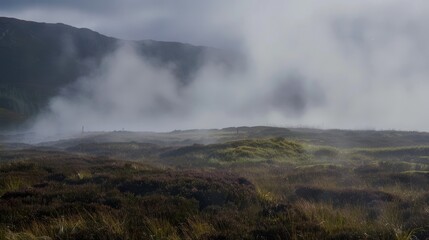 A highland moor where naturally occurring steam vents create a constant mist, shrouding the area in mystery. 