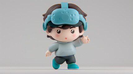 A boy wearing a blue virtual reality headset. He is standing with his arms outstretched and looking to the left - obrazy, fototapety, plakaty