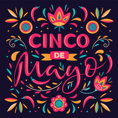Cinco de Mayo, May 5, federal holiday in Mexico. Fiesta vector square banner design with Mexican floral traditional elements. Ornate folk graphic. Lettering ornamental sign for poster, greeting card