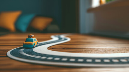 A car is driving on a curved paper road with only a single black line, against a dark background in the simple style of a closeup high angle view - obrazy, fototapety, plakaty