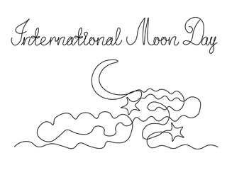 International Moon Day. The moon is in the sky in the clouds,Logo, continuous single line art hand drawing sketch