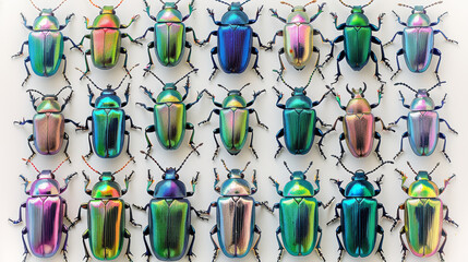 A grid of various colored iridescent shiny jewel beetle illustrations on a white background. - obrazy, fototapety, plakaty