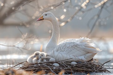 White goose sitting in a nest and hatching eggs and a gosling under it. wildlife life and environment concept. - obrazy, fototapety, plakaty