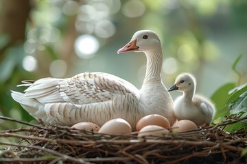 White goose sitting in a nest and hatching eggs and a gosling under it. wildlife life and environment concept. - obrazy, fototapety, plakaty