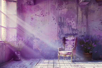 Warmth and vintage charm in a retro lavender room highlighted by soft sun rays.