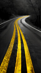 A road with yellow lines and a black stripe. The road is curved and has a lot of space - obrazy, fototapety, plakaty