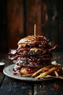 Burger with double meat and bacon, on plate, dark wood background