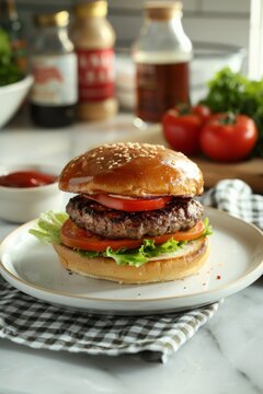 Juicy burger with lettuce and tomato on plate