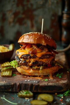 Large double cheeseburger with pickles and pickle juice, on a wooden board against a dark background