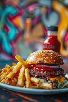 Juicy burger with fries and ketchup on the side, colorful background